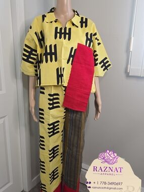 Yellow & Black Printed Two-Piece Set with Red Accent